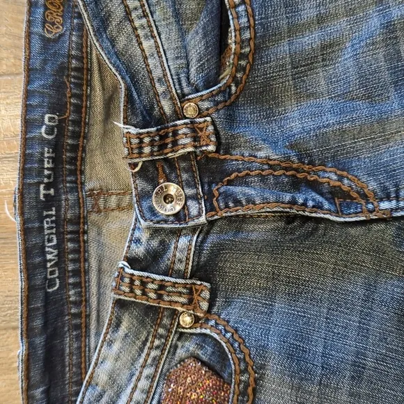 COWGIRL TUFF &quot;Crosses Shimmer&quot; 🤎 bootcut horseback riding jeans sz 27x35L TALL