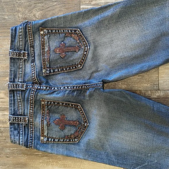 COWGIRL TUFF &quot;Crosses Shimmer&quot; 🤎 bootcut horseback riding jeans sz 27x35L TALL