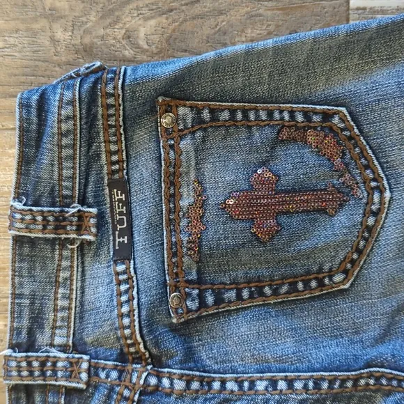 COWGIRL TUFF &quot;Crosses Shimmer&quot; 🤎 bootcut horseback riding jeans sz 27x35L TALL