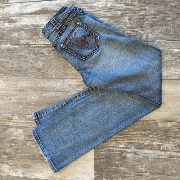 COWGIRL TUFF &quot;Crosses Shimmer&quot; 🤎 bootcut horseback riding jeans sz 27x35L TALL