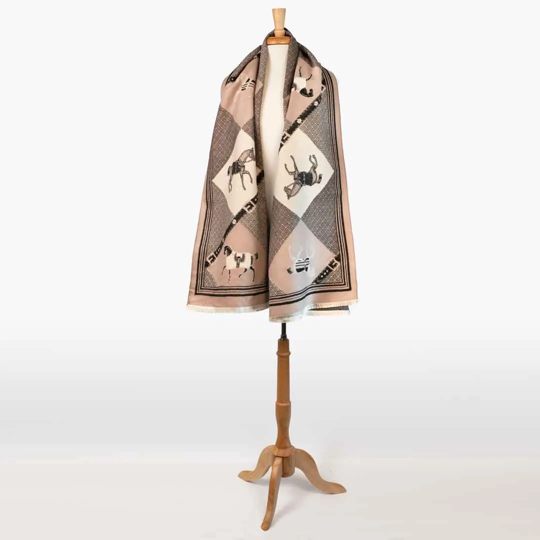 Della -  Taupe Equestrian Motif Luxe Shawl