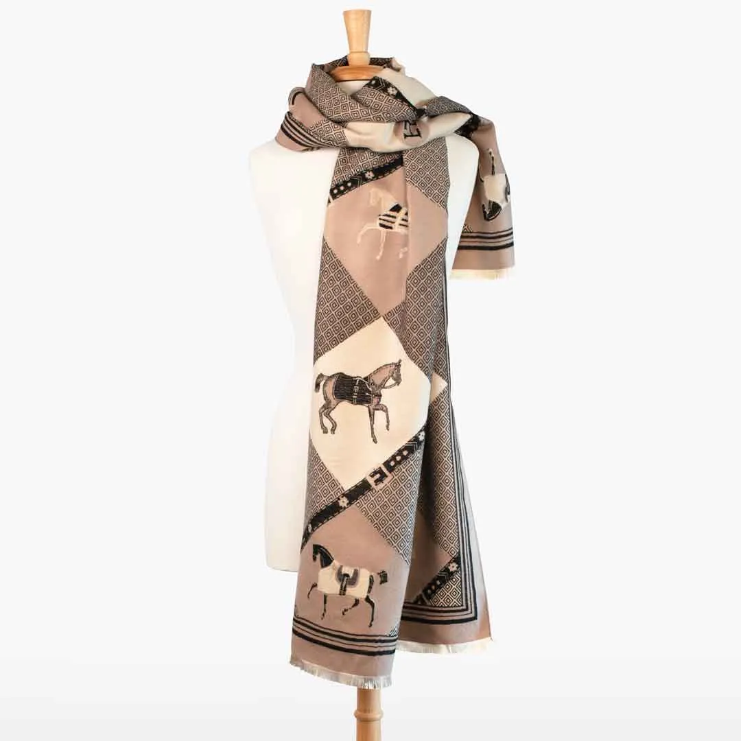 Della -  Taupe Equestrian Motif Luxe Shawl