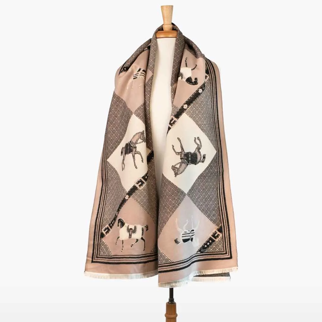 Della -  Taupe Equestrian Motif Luxe Shawl