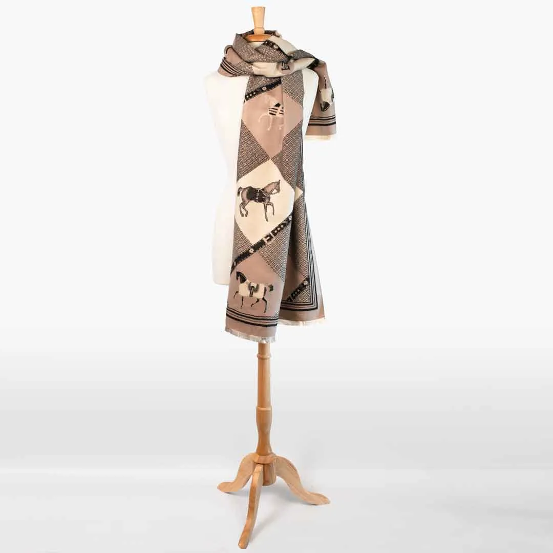 Della -  Taupe Equestrian Motif Luxe Shawl