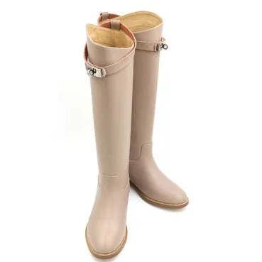 Designer Genuine Leather Long Boots Sexy Woman Motorcycle Booties Belt Strap Metal Shark Lock flat heel Knee High Boots