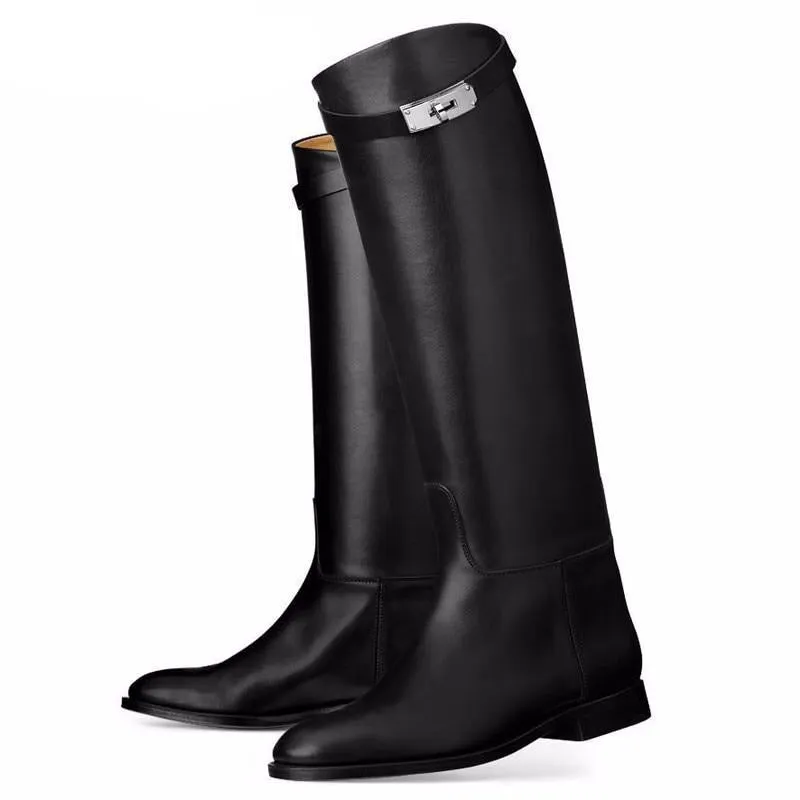 Designer Genuine Leather Long Boots Sexy Woman Motorcycle Booties Belt Strap Metal Shark Lock flat heel Knee High Boots