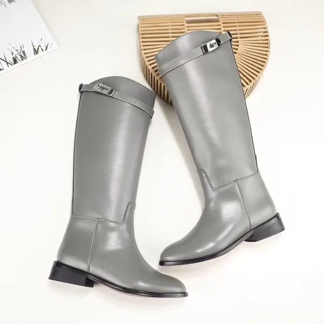Designer Genuine Leather Long Boots Sexy Woman Motorcycle Booties Belt Strap Metal Shark Lock flat heel Knee High Boots