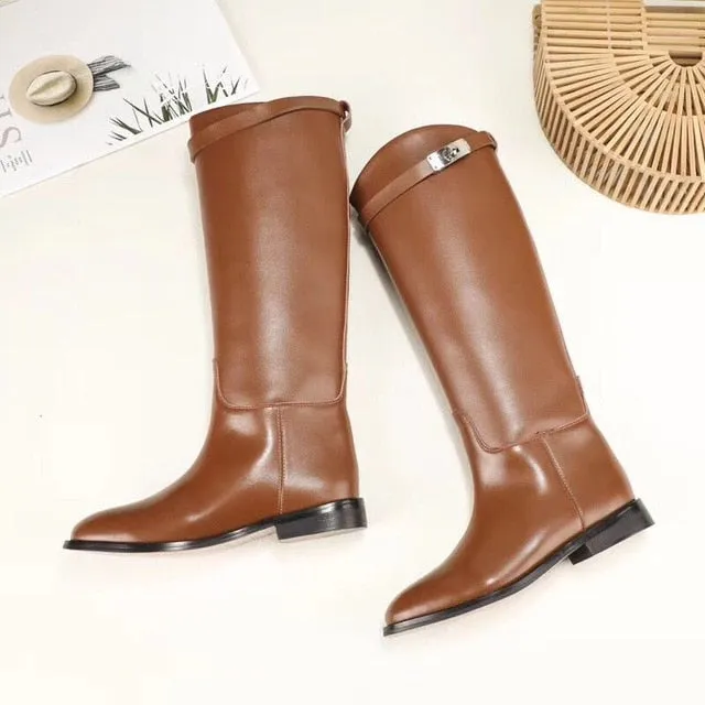 Designer Genuine Leather Long Boots Sexy Woman Motorcycle Booties Belt Strap Metal Shark Lock flat heel Knee High Boots