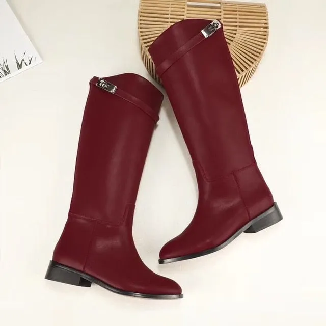 Designer Genuine Leather Long Boots Sexy Woman Motorcycle Booties Belt Strap Metal Shark Lock flat heel Knee High Boots