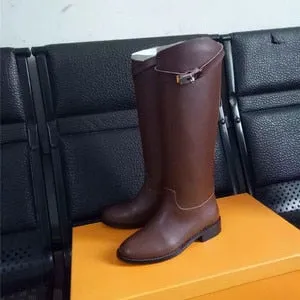Designer Genuine Leather Long Boots Sexy Woman Motorcycle Booties Belt Strap Metal Shark Lock flat heel Knee High Boots
