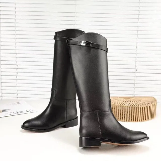 Designer Genuine Leather Long Boots Sexy Woman Motorcycle Booties Belt Strap Metal Shark Lock flat heel Knee High Boots