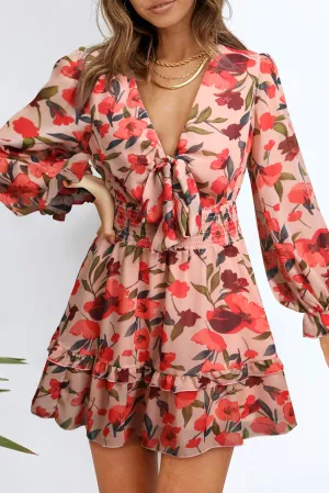 Fiery Red V Neck Lantern Sleeve Knotted Tiered Mini Dress