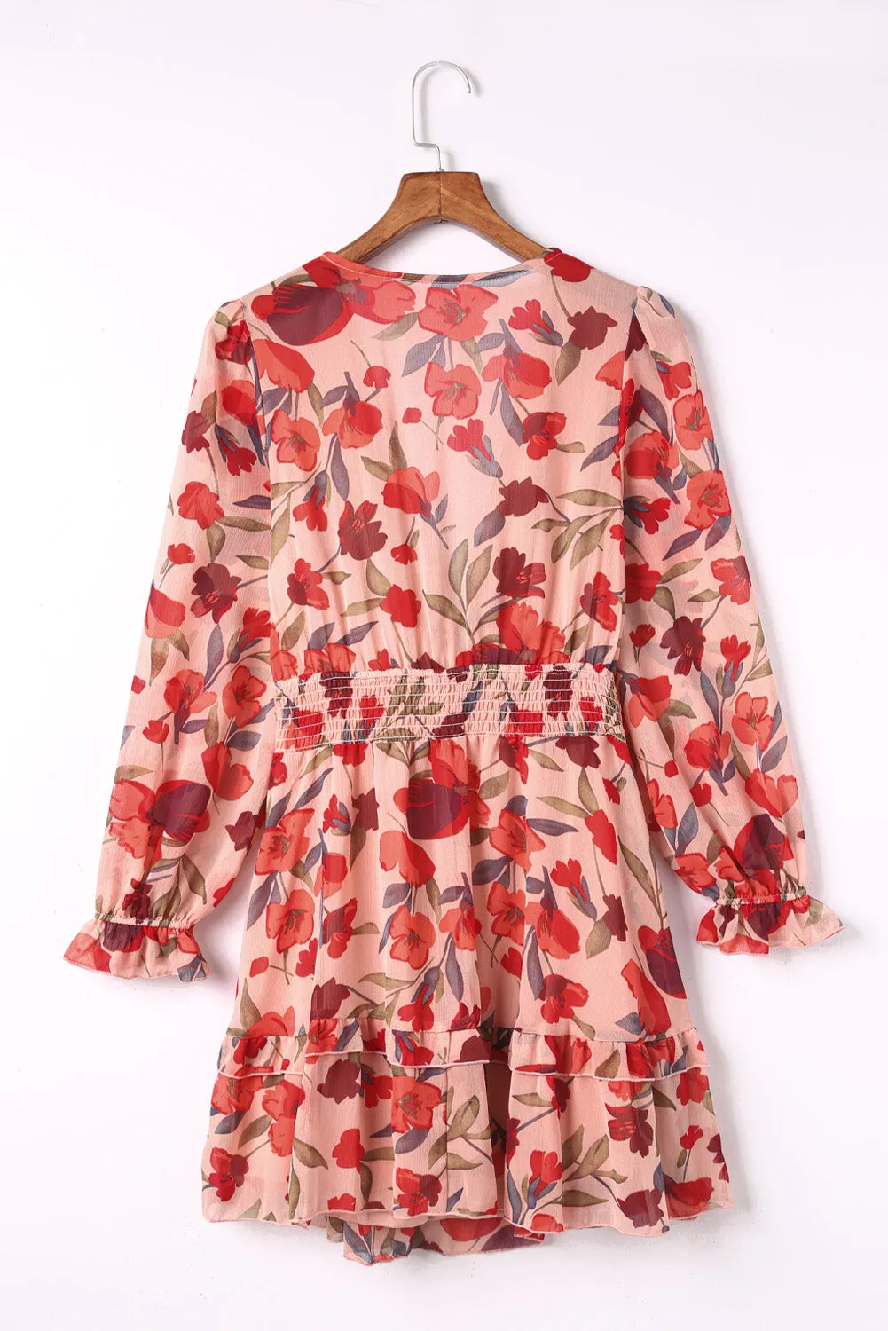 Fiery Red V Neck Lantern Sleeve Knotted Tiered Mini Dress