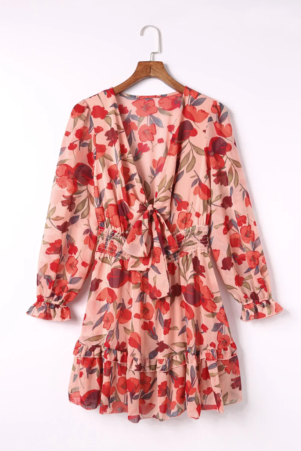 Fiery Red V Neck Lantern Sleeve Knotted Tiered Mini Dress