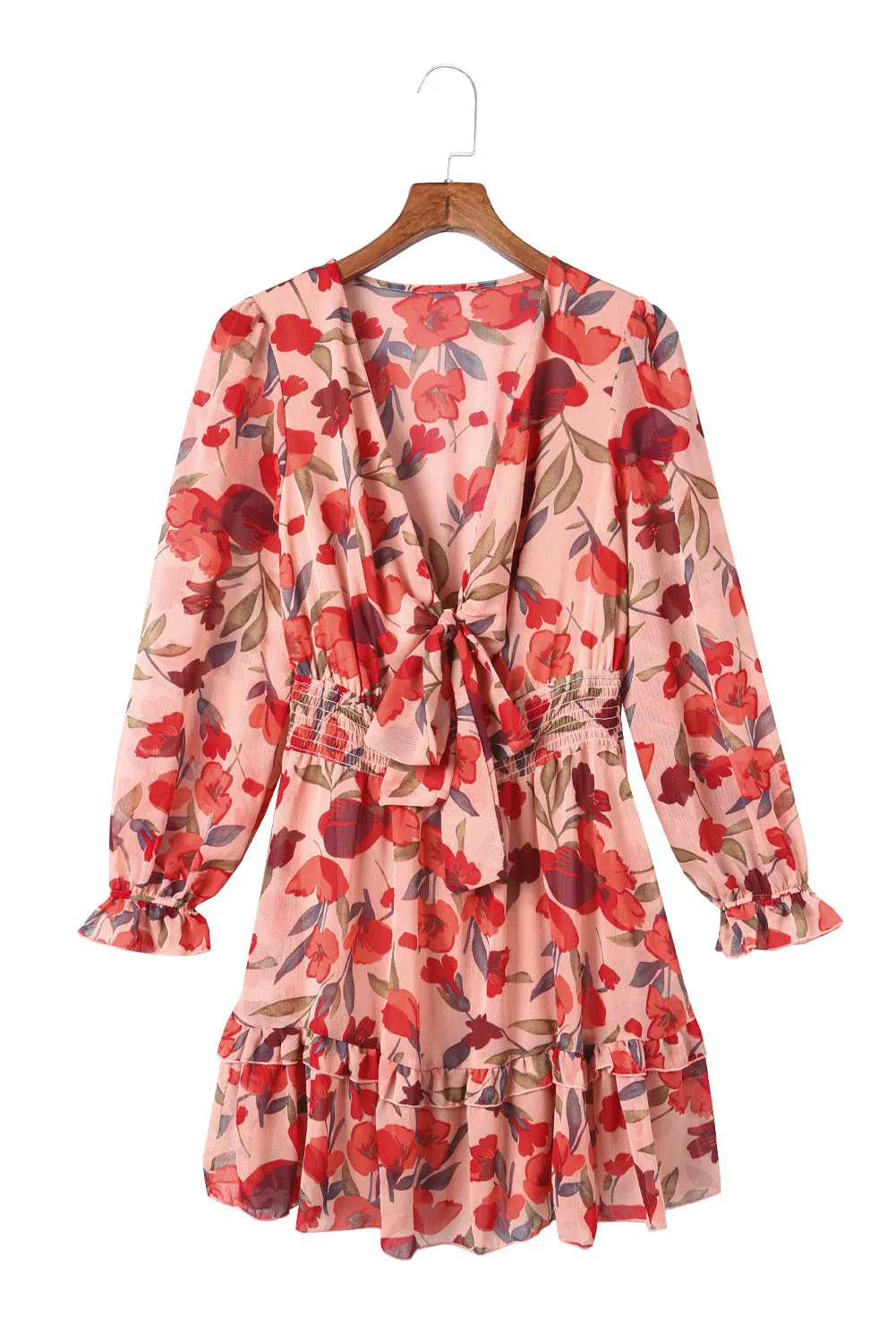 Fiery Red V Neck Lantern Sleeve Knotted Tiered Mini Dress