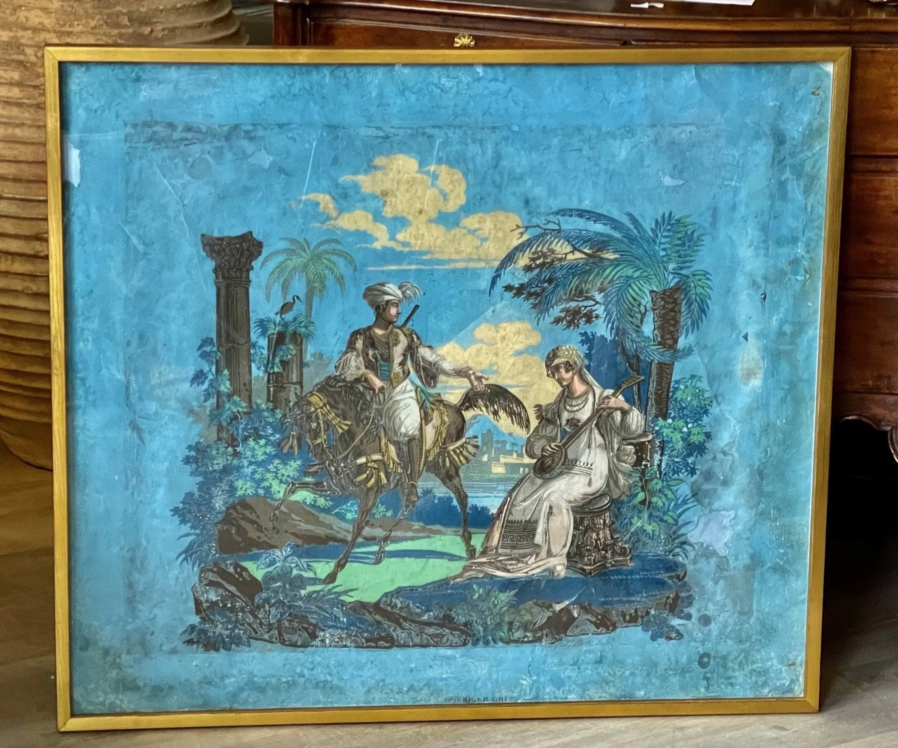 FRAMED 18TH CENTURY FRENCH WALLPAPER, EXOTIC SCENE
