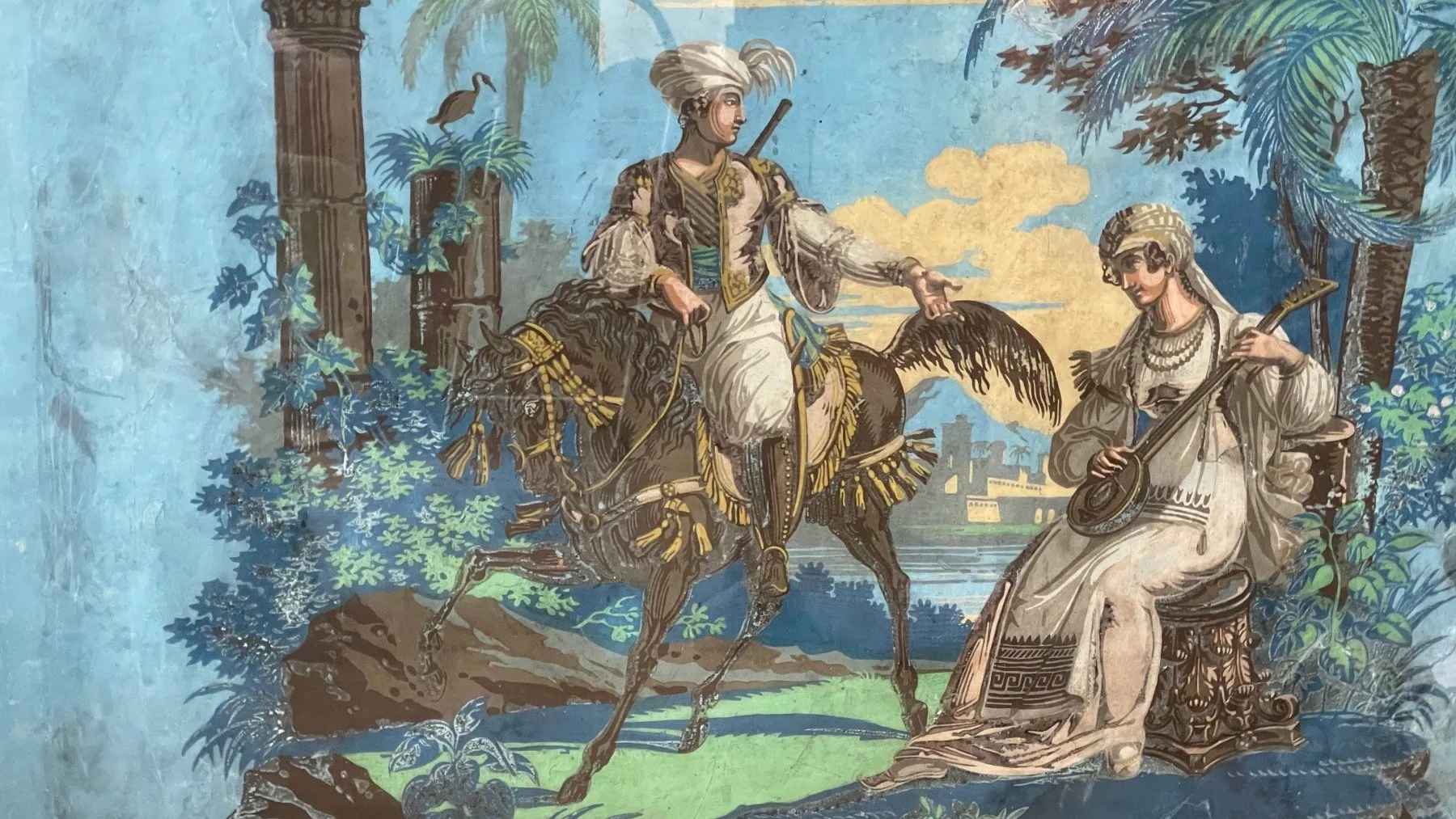 FRAMED 18TH CENTURY FRENCH WALLPAPER, EXOTIC SCENE