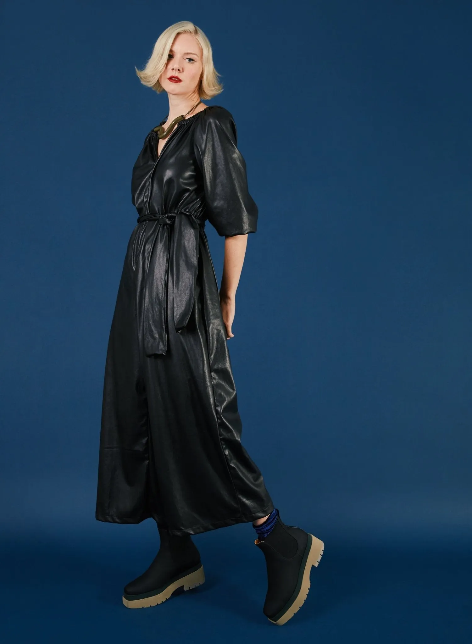 Gathered Neck Jump - Black Pleather