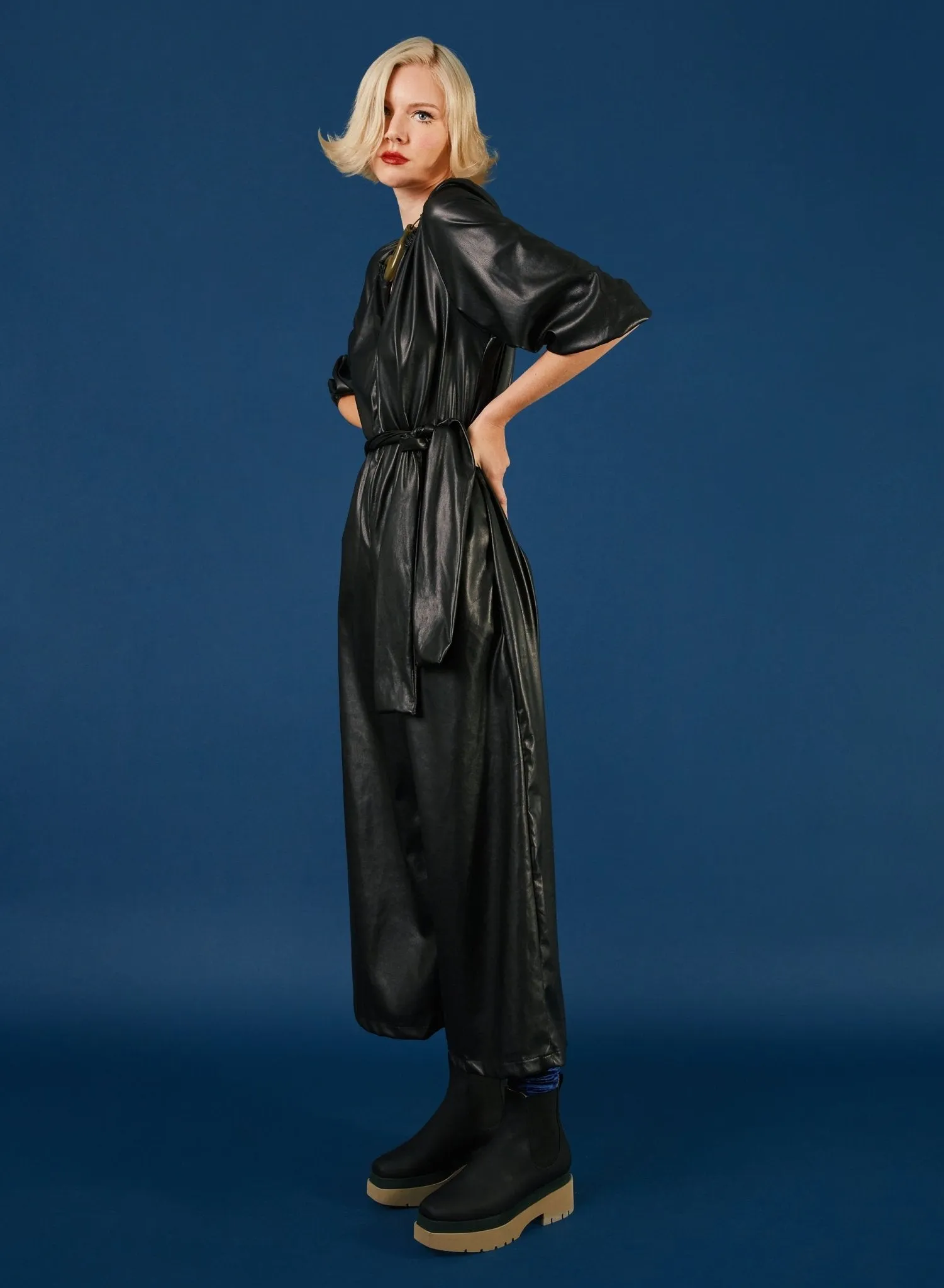 Gathered Neck Jump - Black Pleather