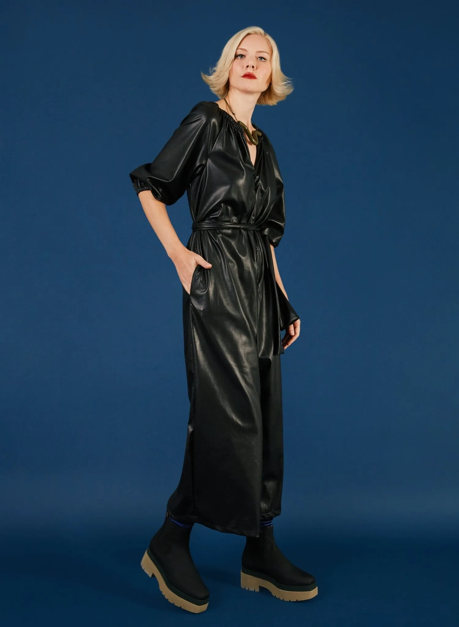 Gathered Neck Jump - Black Pleather
