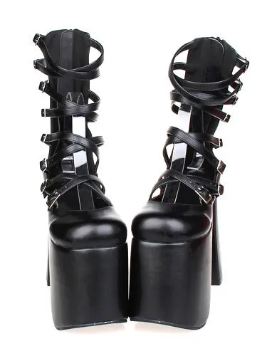 Gothic Black Lolita Sandals High Chunky Heels High Plarform Ankle Straps Buckles