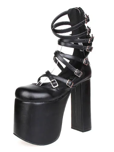 Gothic Black Lolita Sandals High Chunky Heels High Plarform Ankle Straps Buckles