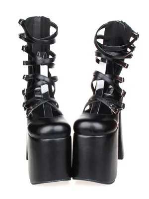 Gothic Black Lolita Sandals High Chunky Heels High Plarform Ankle Straps Buckles