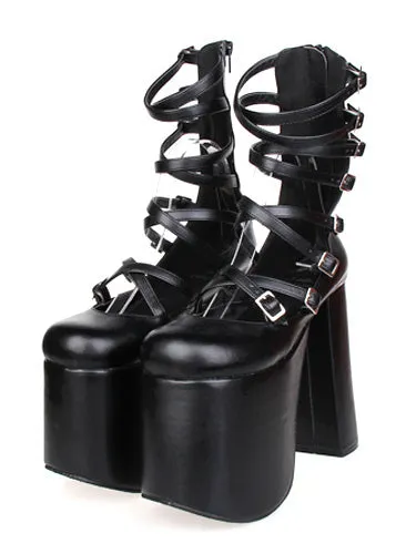 Gothic Black Lolita Sandals High Chunky Heels High Plarform Ankle Straps Buckles