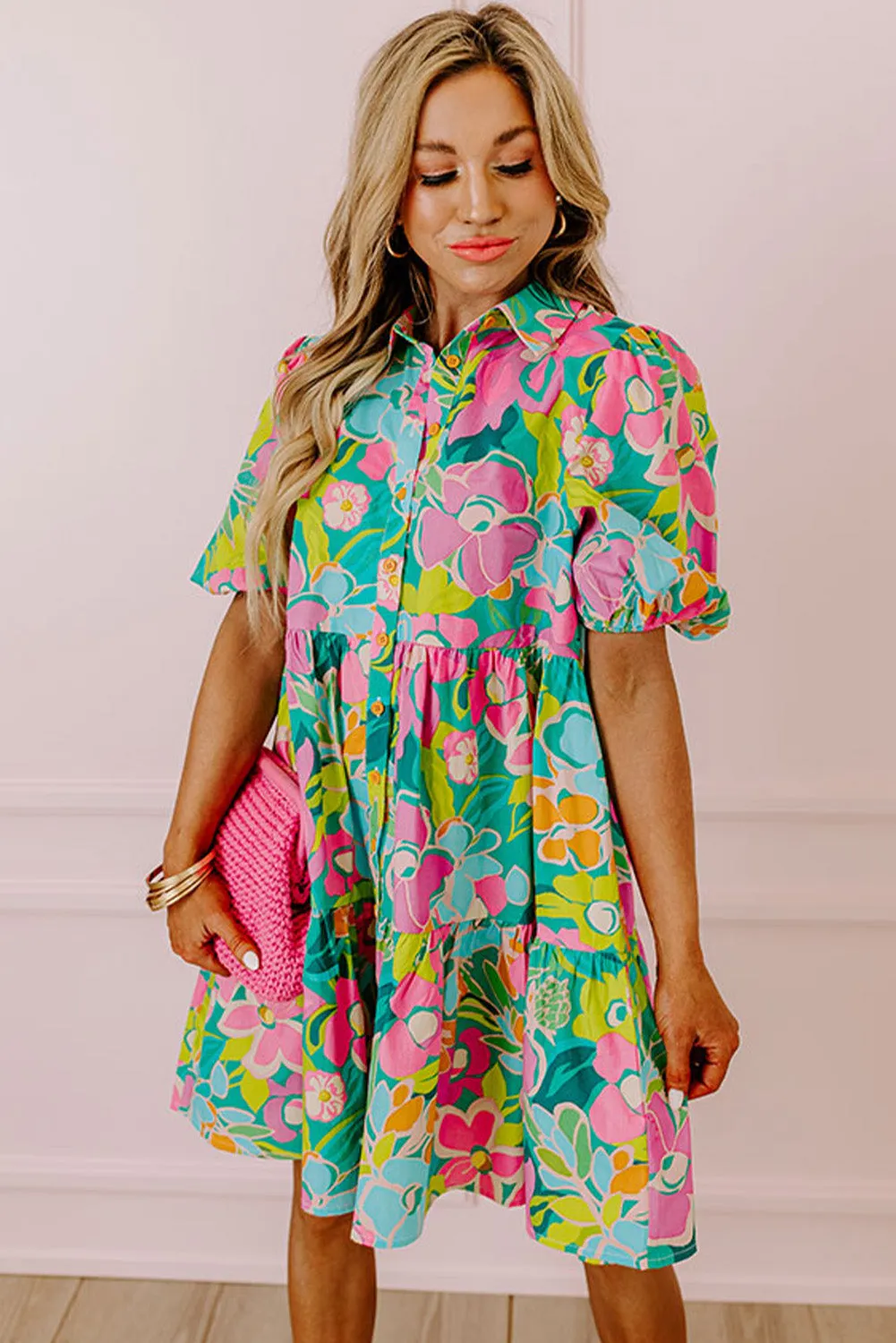 Green Floral Puff Sleeve Collar Buttoned Plus Babydoll Dress