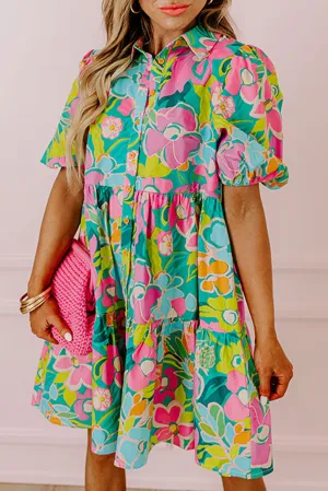 Green Floral Puff Sleeve Collar Buttoned Plus Babydoll Dress