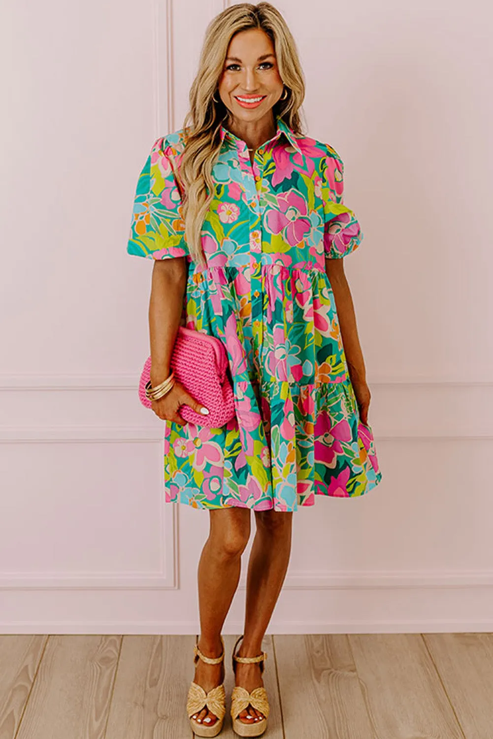 Green Floral Puff Sleeve Collar Buttoned Plus Babydoll Dress
