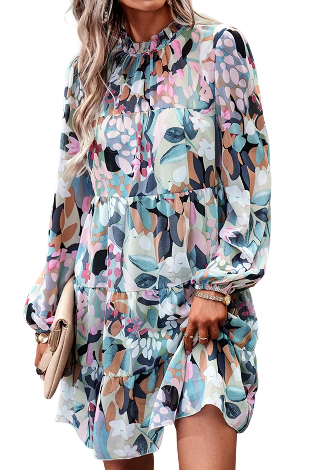 Green Frilled Neck Tiered Floral Dress