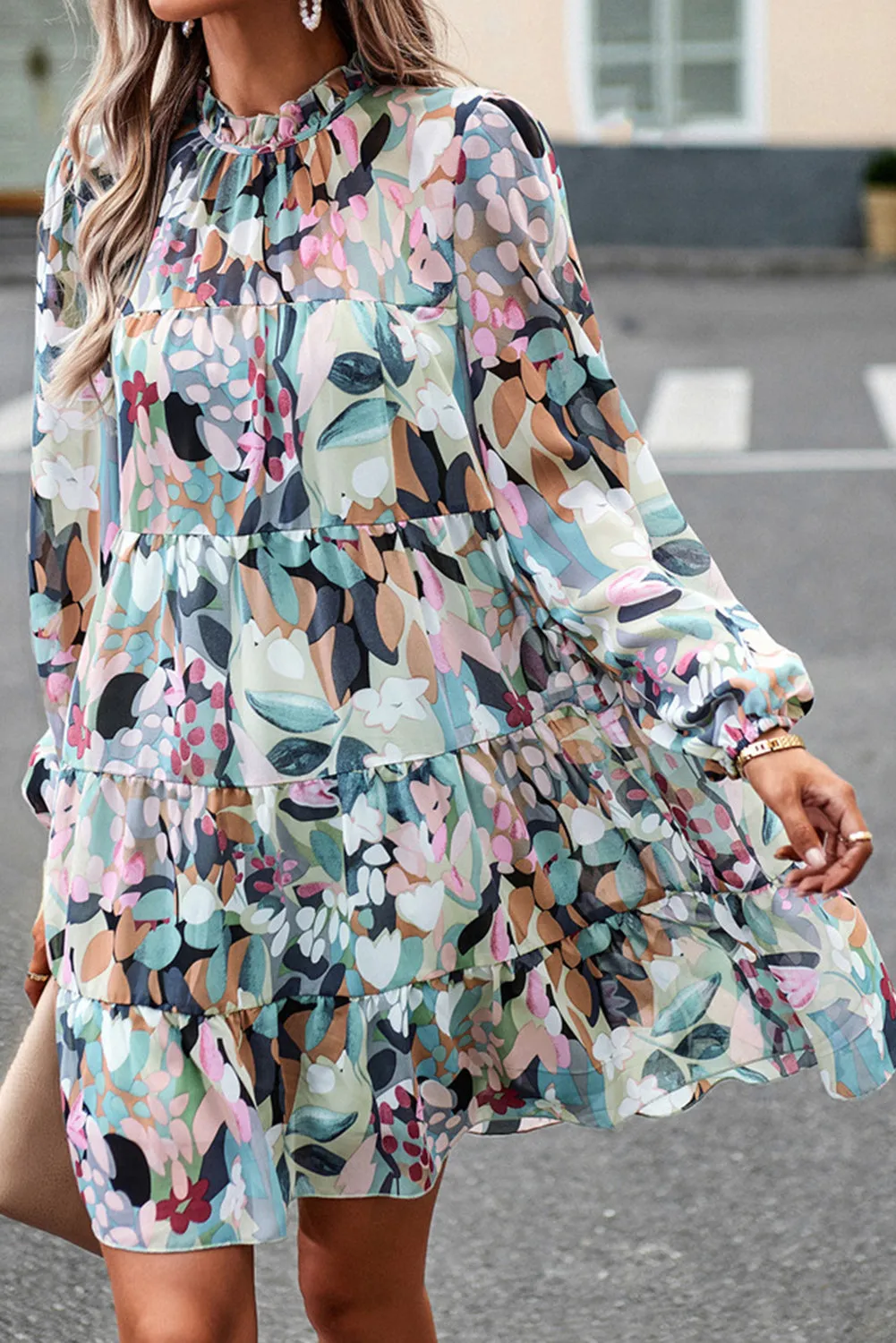 Green Frilled Neck Tiered Floral Dress