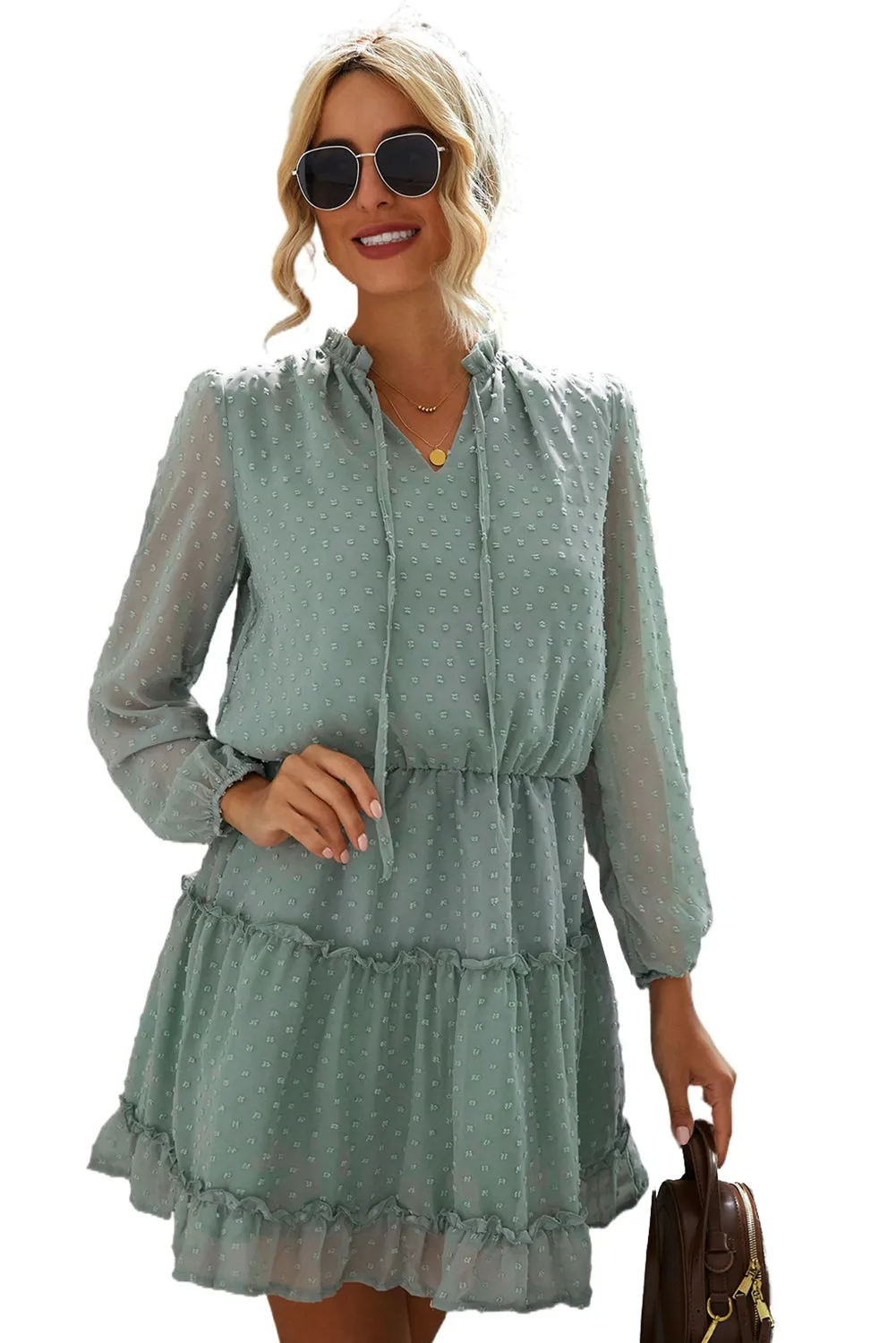 Green Swiss Dot Bubble Sleeve Ruffle Mini Dress