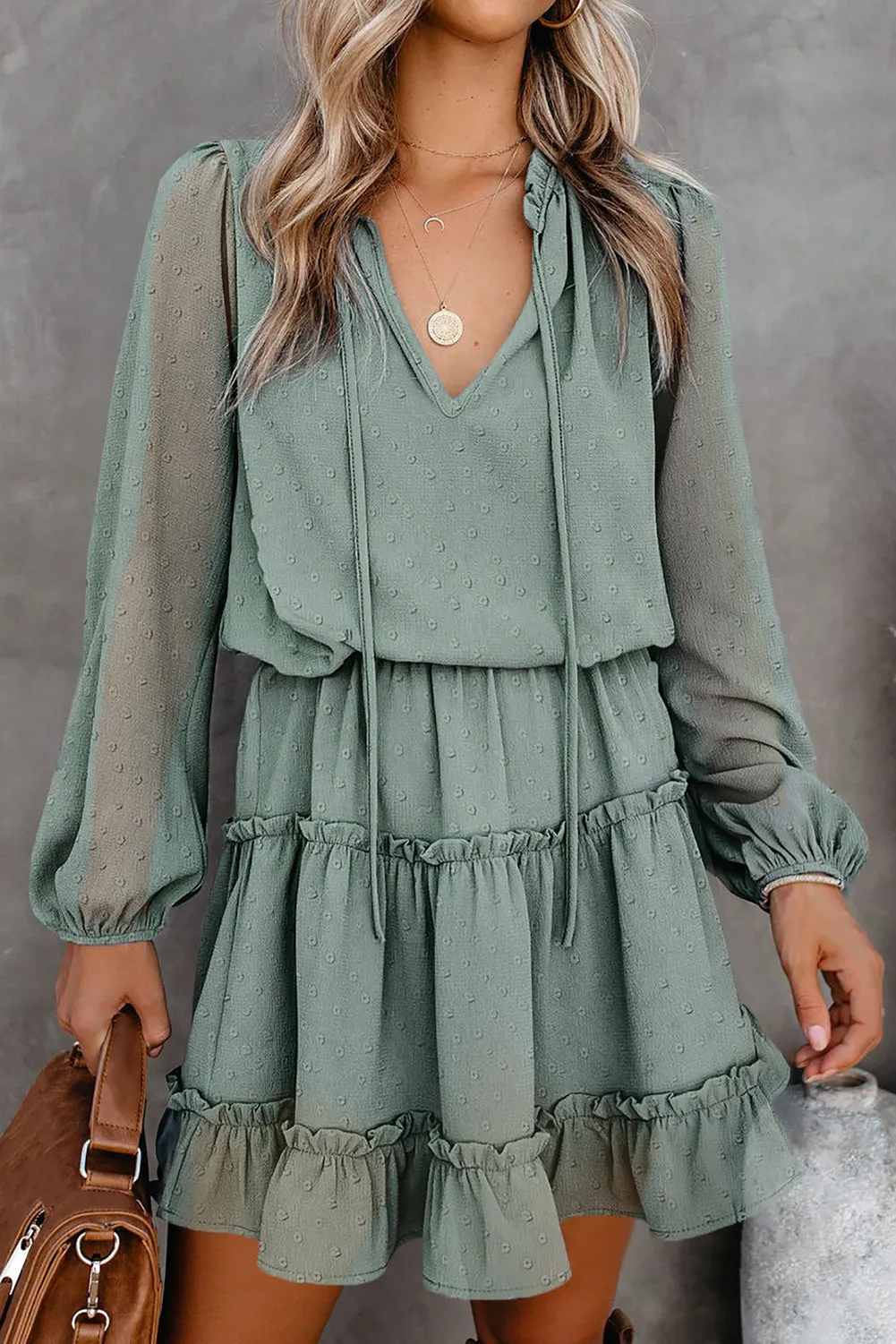 Green Swiss Dot Bubble Sleeve Ruffle Mini Dress