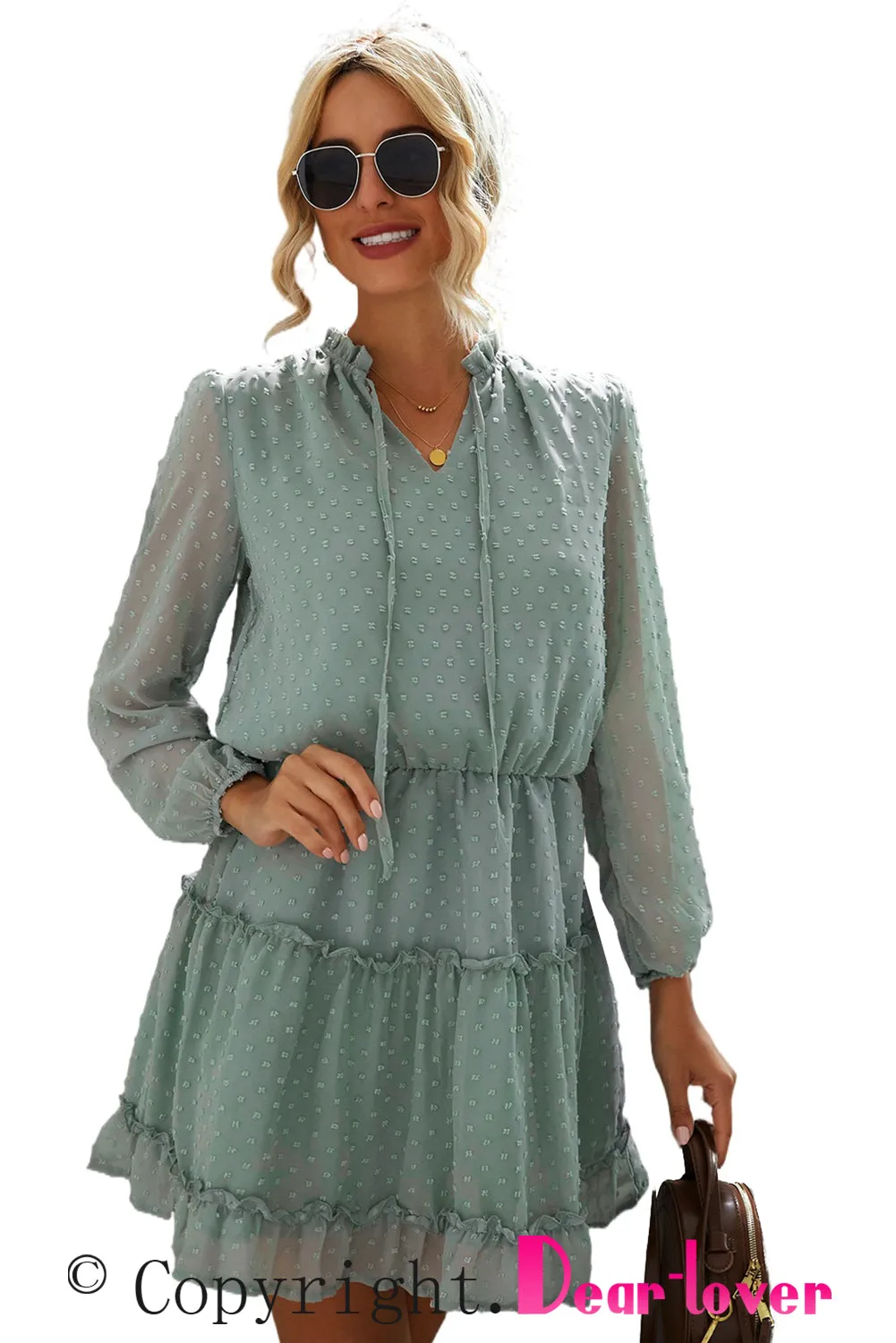 Green Swiss Dot Bubble Sleeve Ruffle Mini Dress