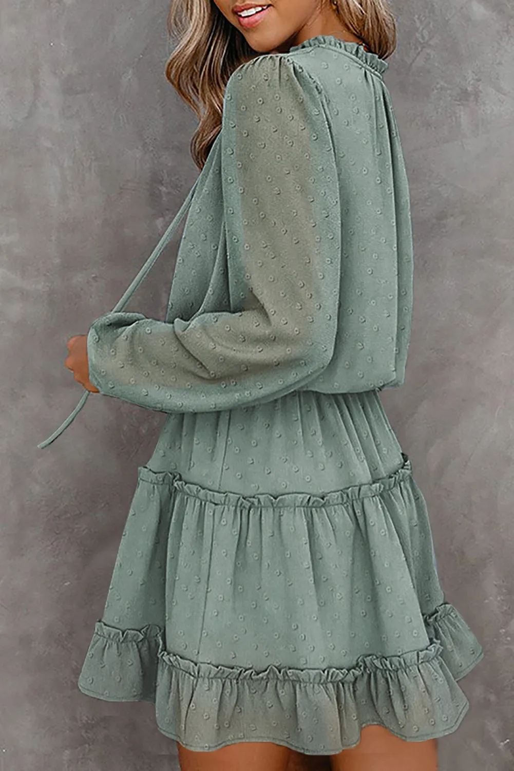 Green Swiss Dot Bubble Sleeve Ruffle Mini Dress