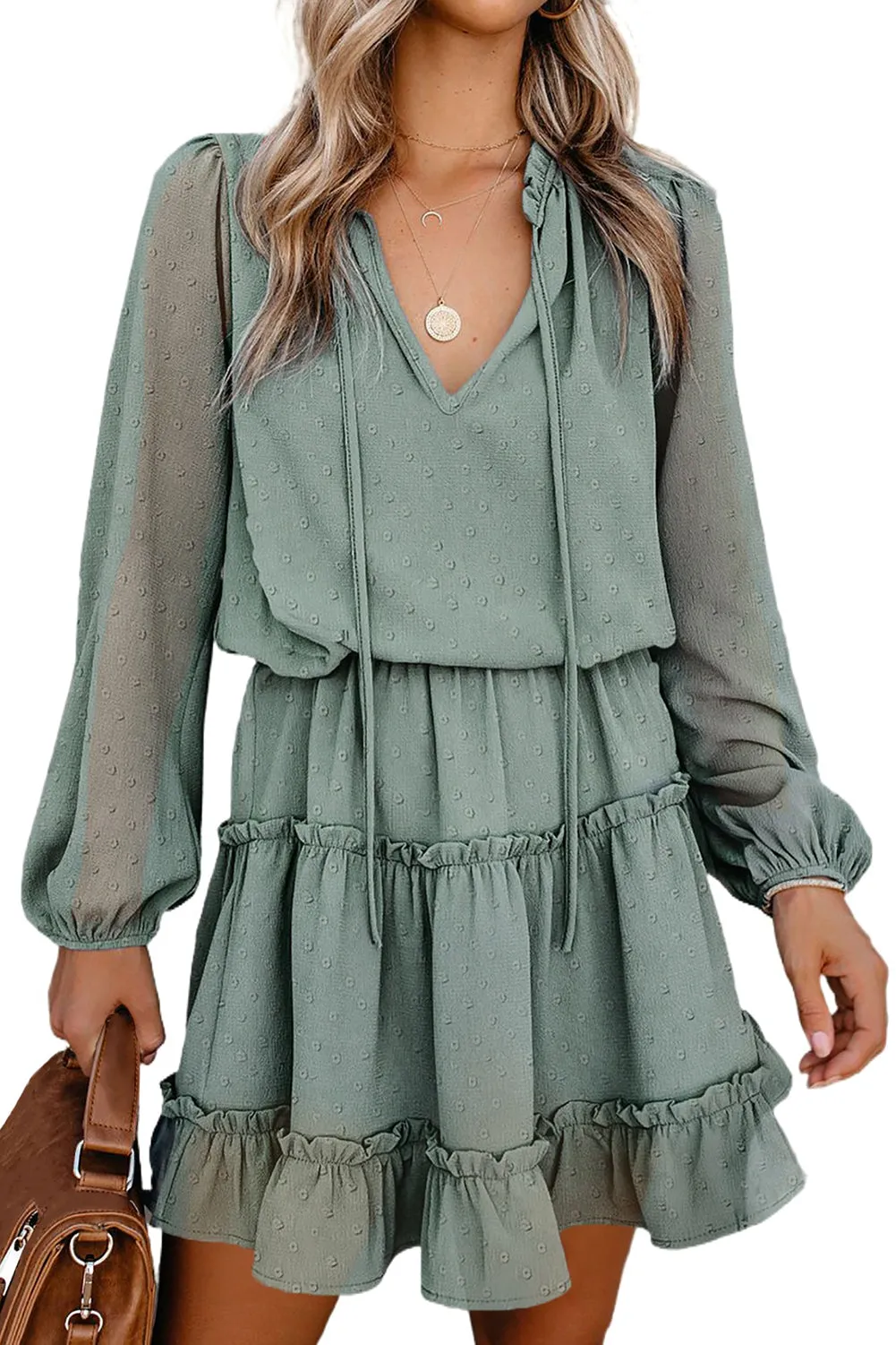 Green Swiss Dot Bubble Sleeve Ruffle Mini Dress