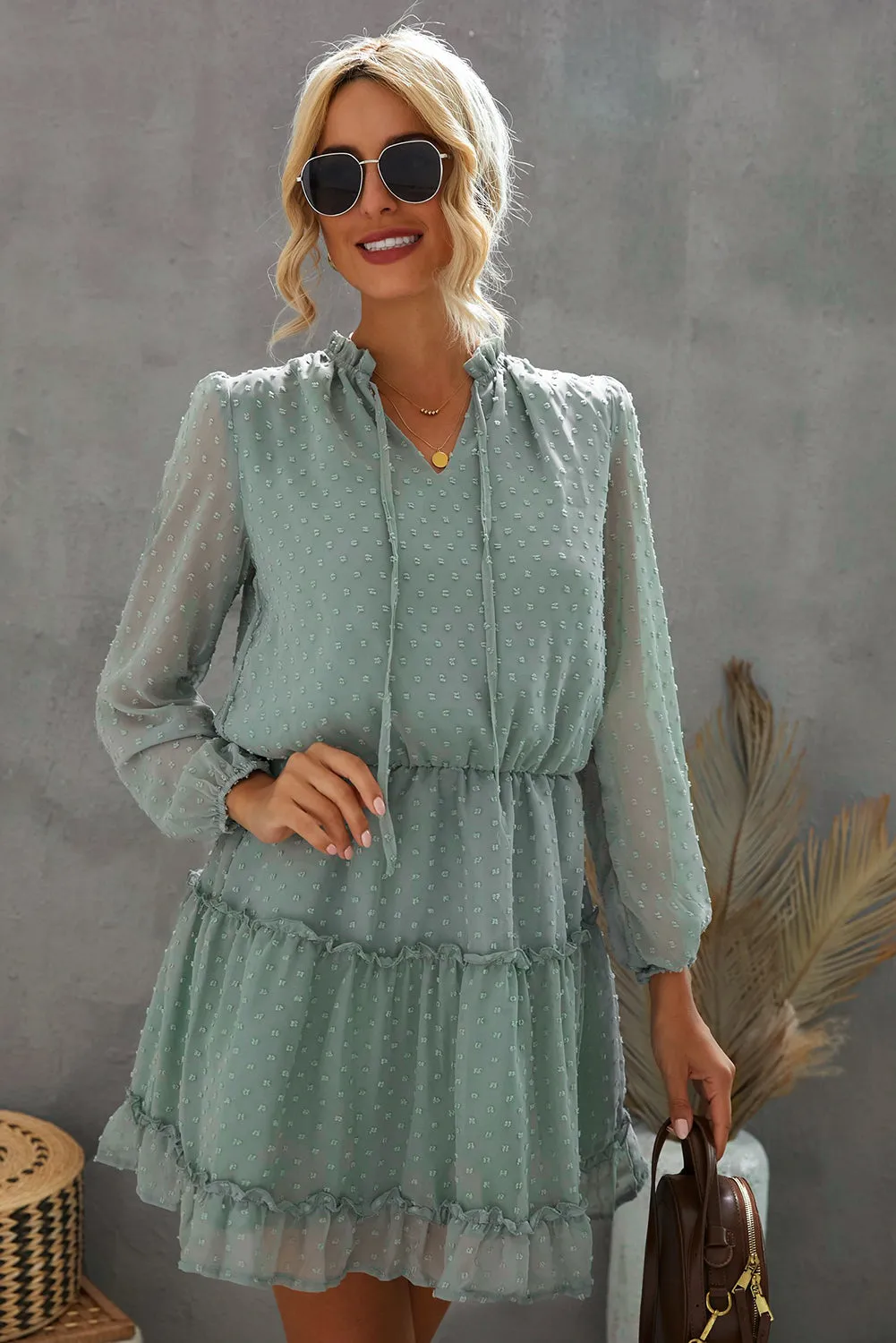 Green Swiss Dot Bubble Sleeve Ruffle Mini Dress