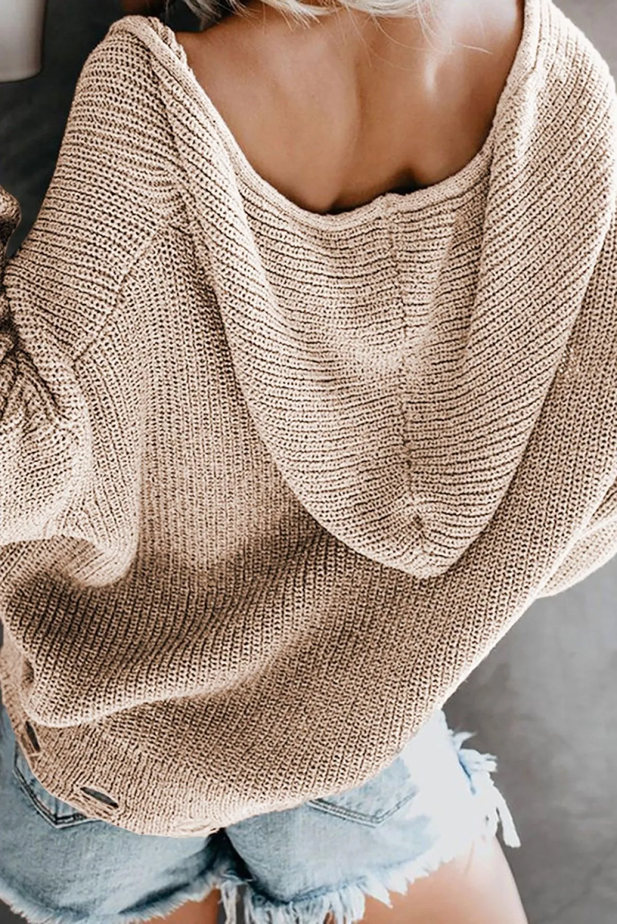 Hazel Blues® | Zipper V-Neck Dropped Sleeve Hooded Solid Sweater