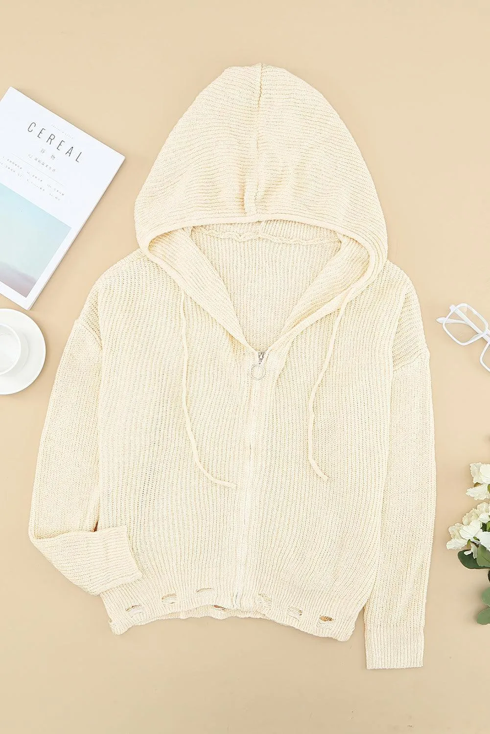 Hazel Blues® | Zipper V-Neck Dropped Sleeve Hooded Solid Sweater