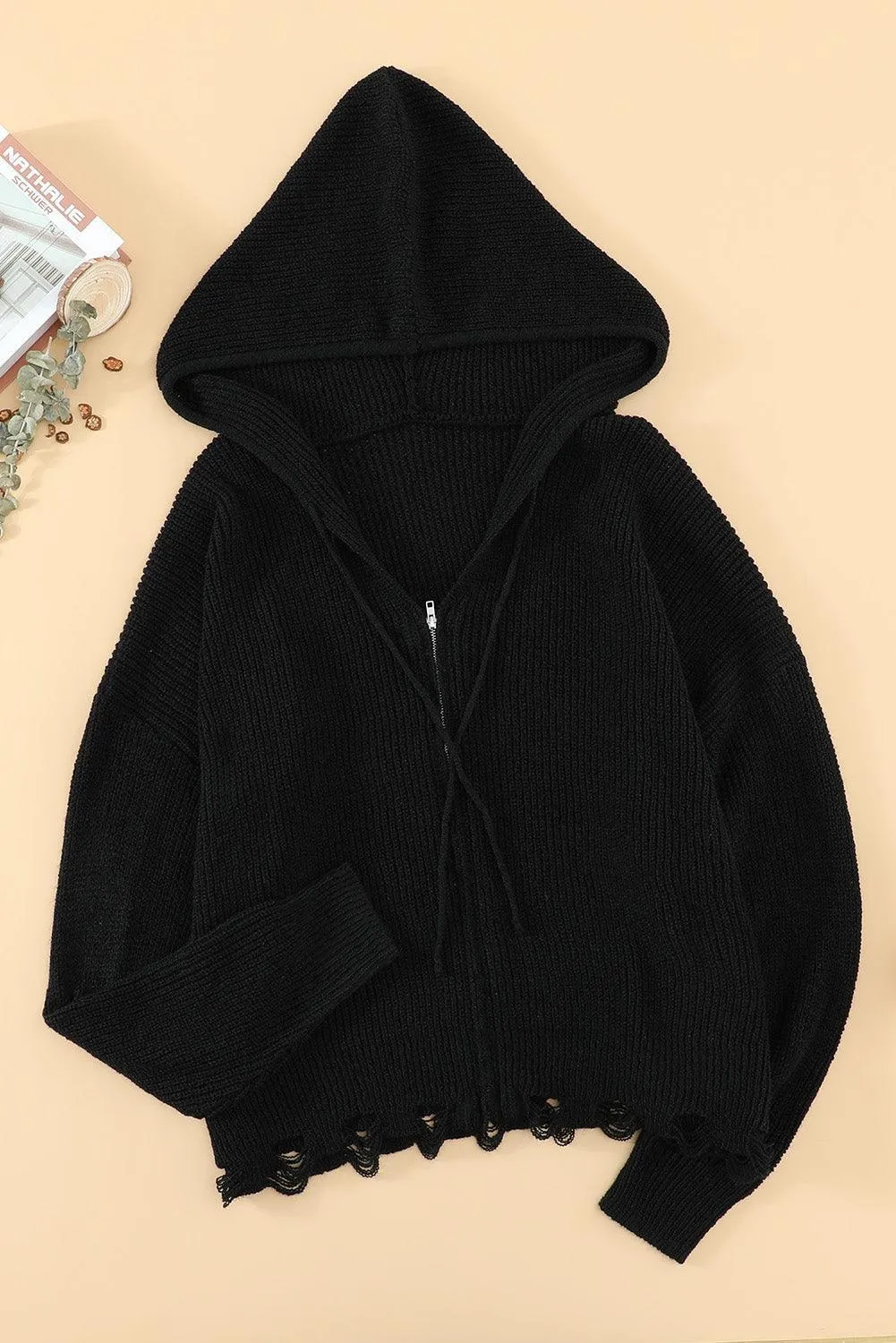 Hazel Blues® | Zipper V-Neck Dropped Sleeve Hooded Solid Sweater