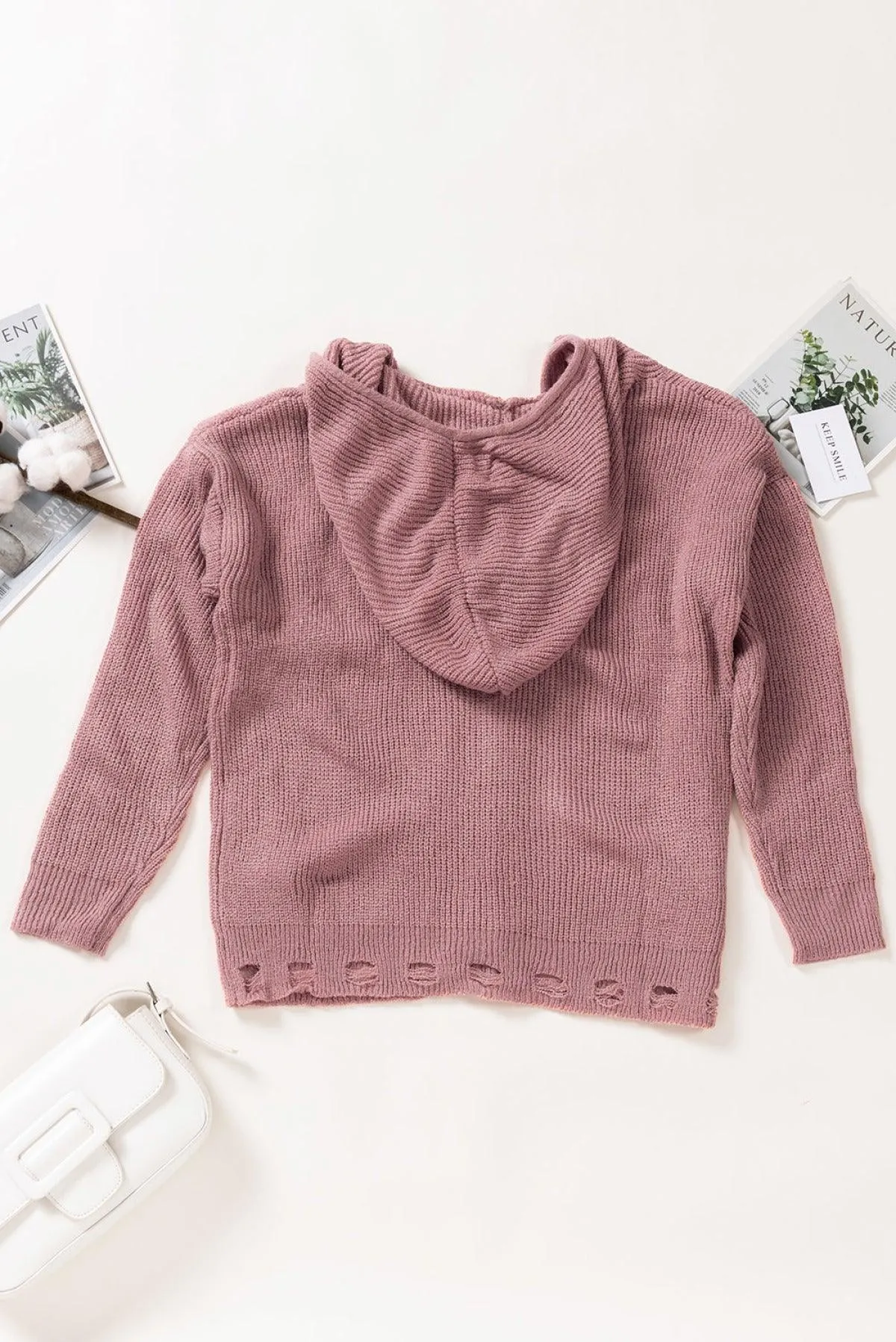 Hazel Blues® | Zipper V-Neck Dropped Sleeve Hooded Solid Sweater