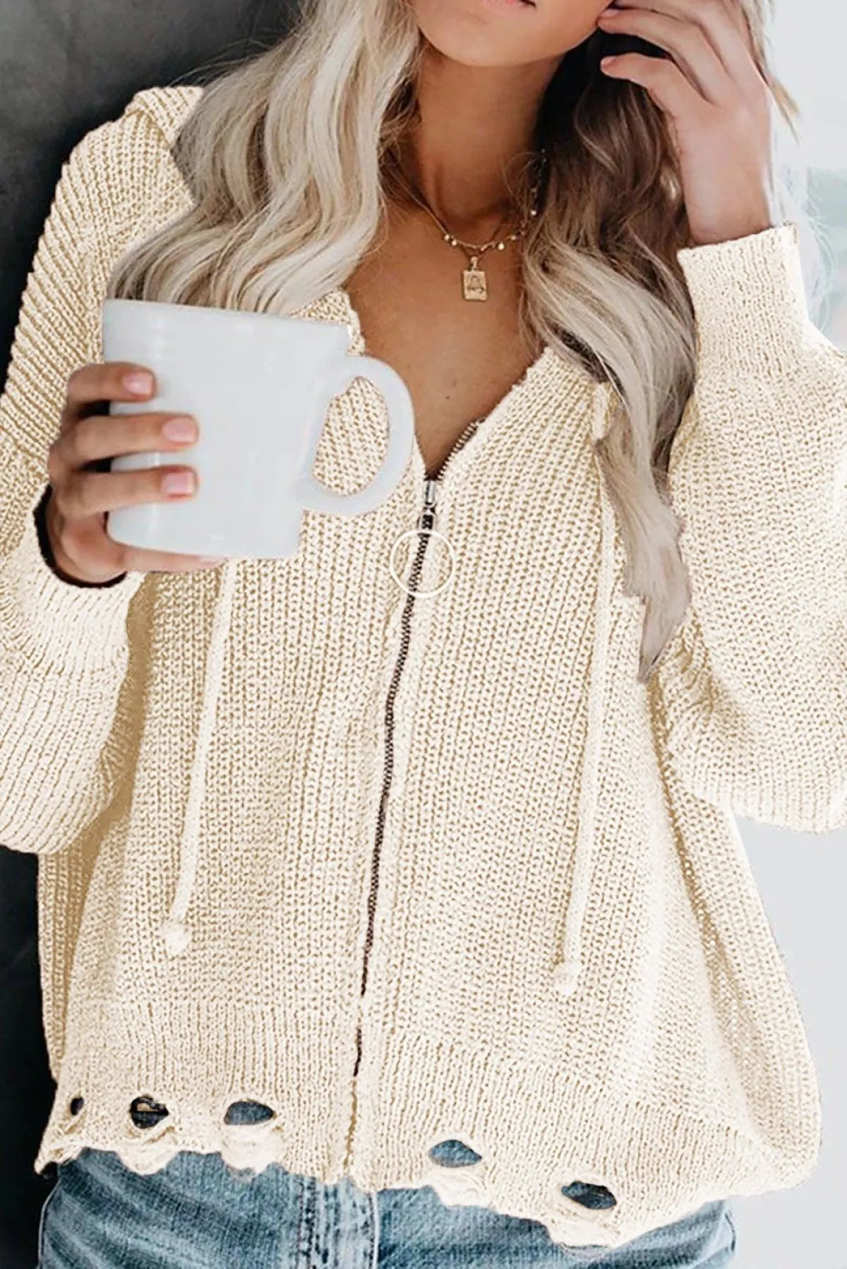 Hazel Blues® | Zipper V-Neck Dropped Sleeve Hooded Solid Sweater