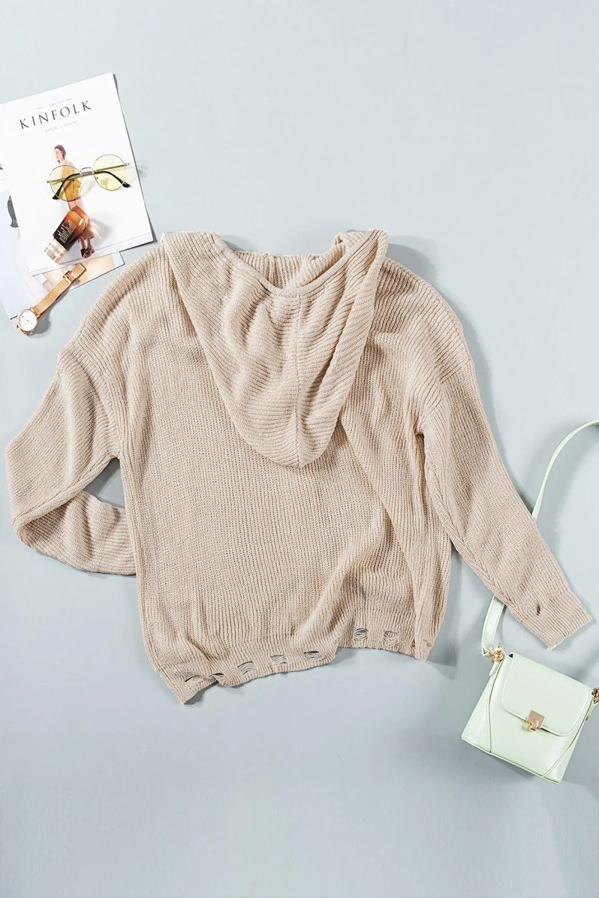 Hazel Blues® | Zipper V-Neck Dropped Sleeve Hooded Solid Sweater