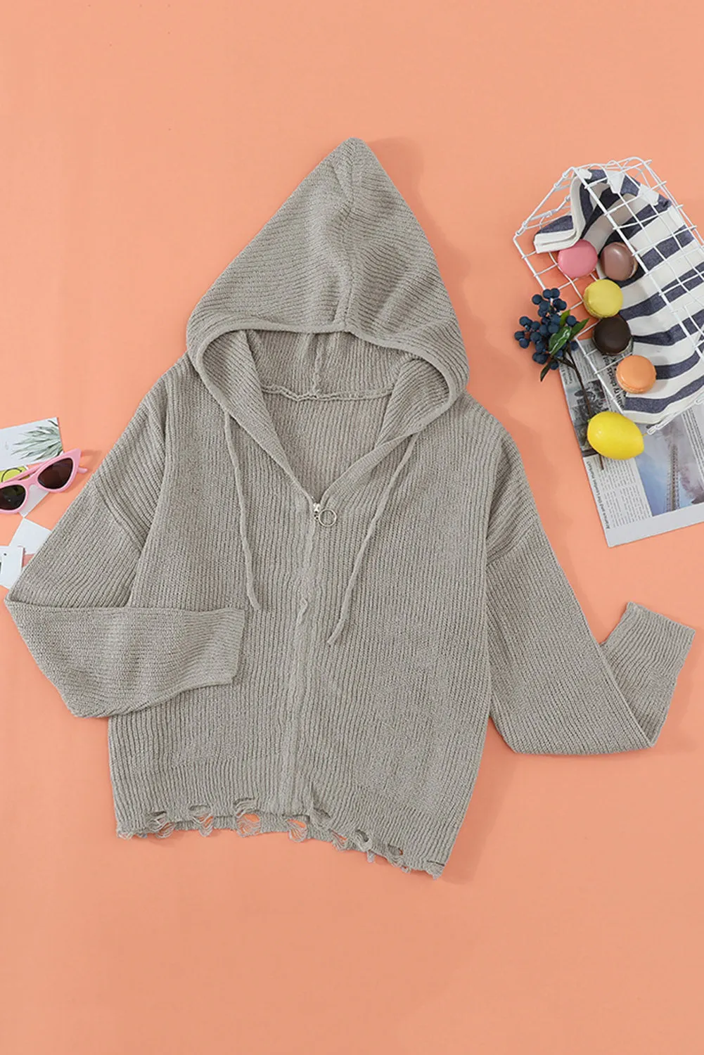 Hazel Blues® | Zipper V-Neck Dropped Sleeve Hooded Solid Sweater