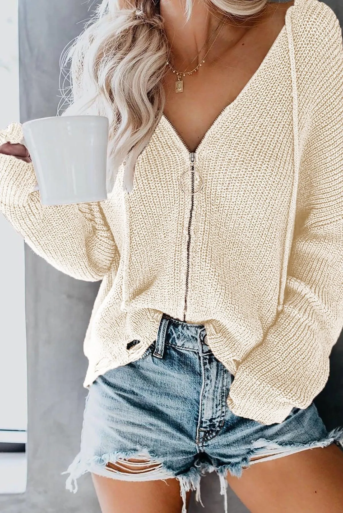 Hazel Blues® | Zipper V-Neck Dropped Sleeve Hooded Solid Sweater