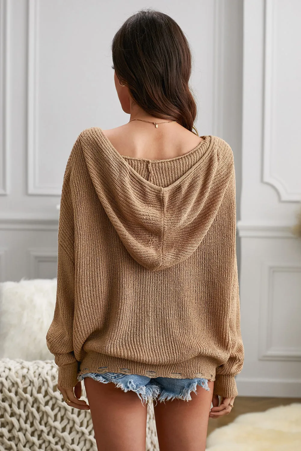 Hazel Blues® | Zipper V-Neck Dropped Sleeve Hooded Solid Sweater