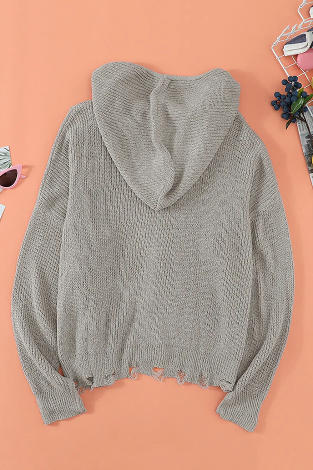 Hazel Blues® | Zipper V-Neck Dropped Sleeve Hooded Solid Sweater