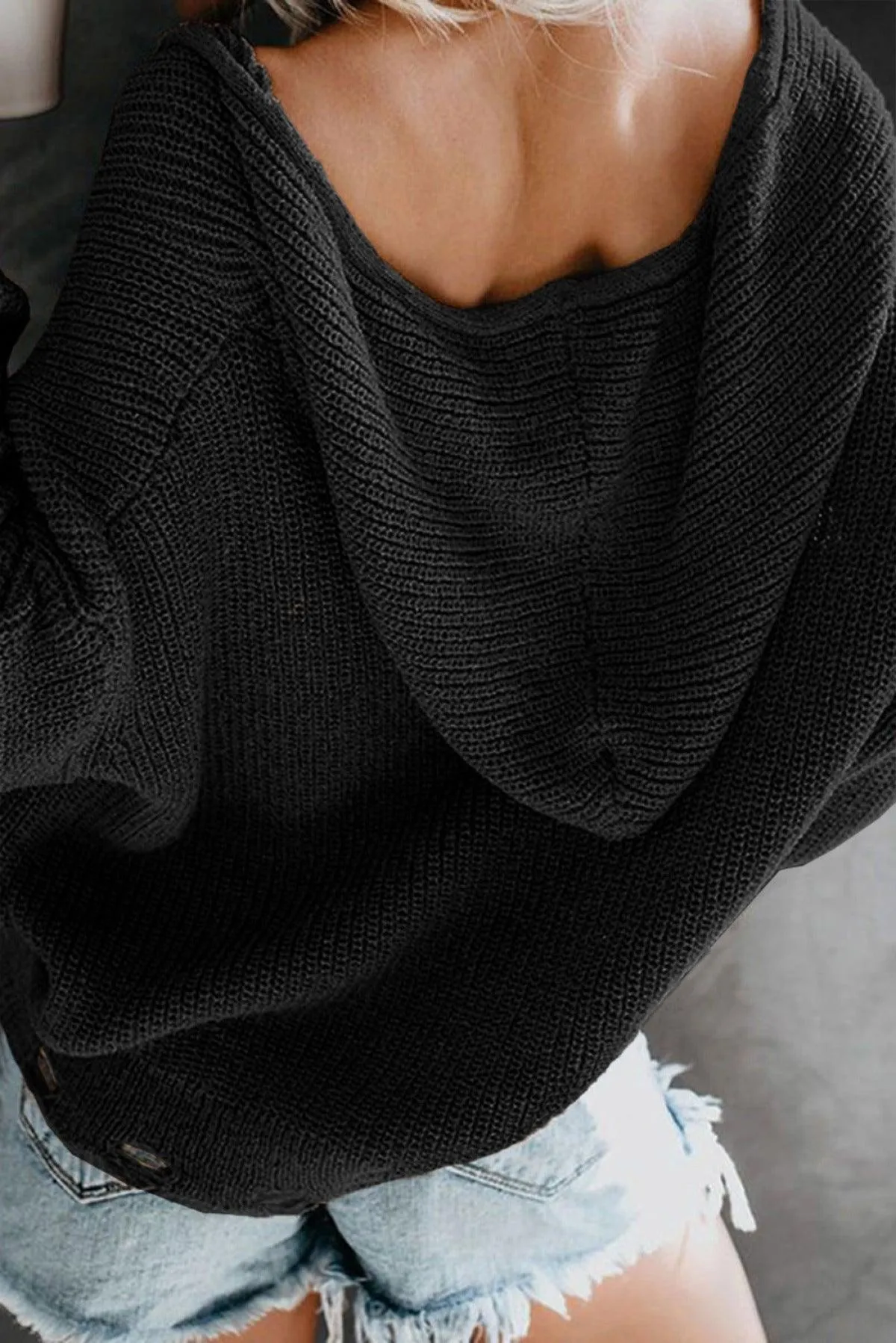 Hazel Blues® | Zipper V-Neck Dropped Sleeve Hooded Solid Sweater